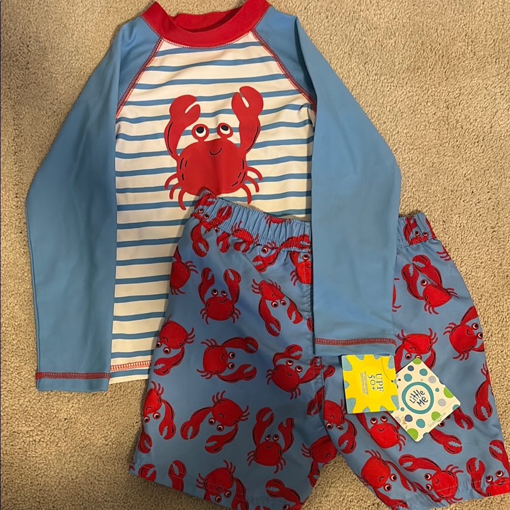 Little Me Blue and Red Swim Set with Crab Design